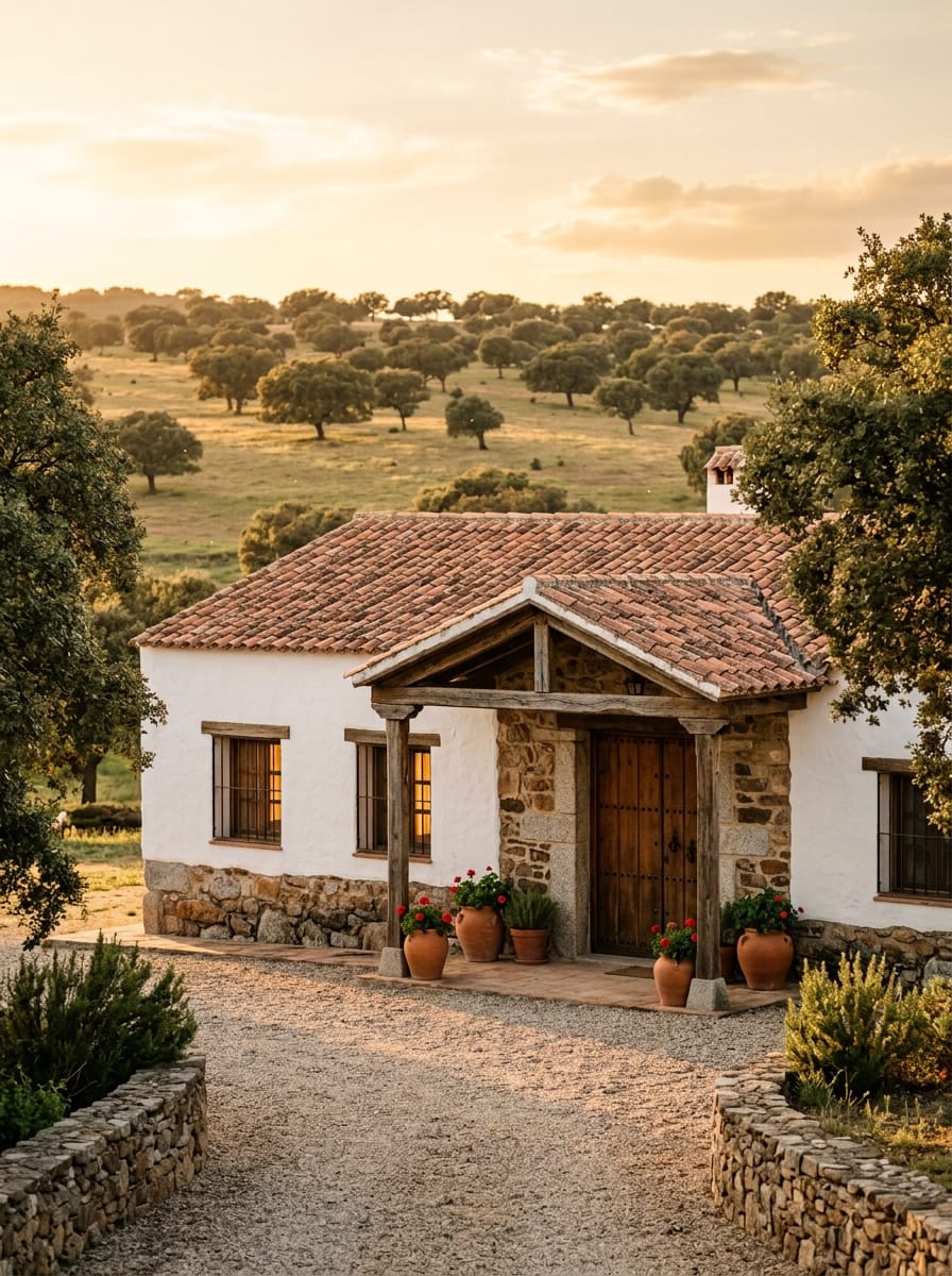 Casa rural de piedra y teja rodeada de dehesa con encinas, al atardecer