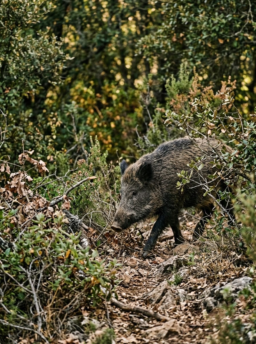 Jabalí entre la maleza de un coto de caza