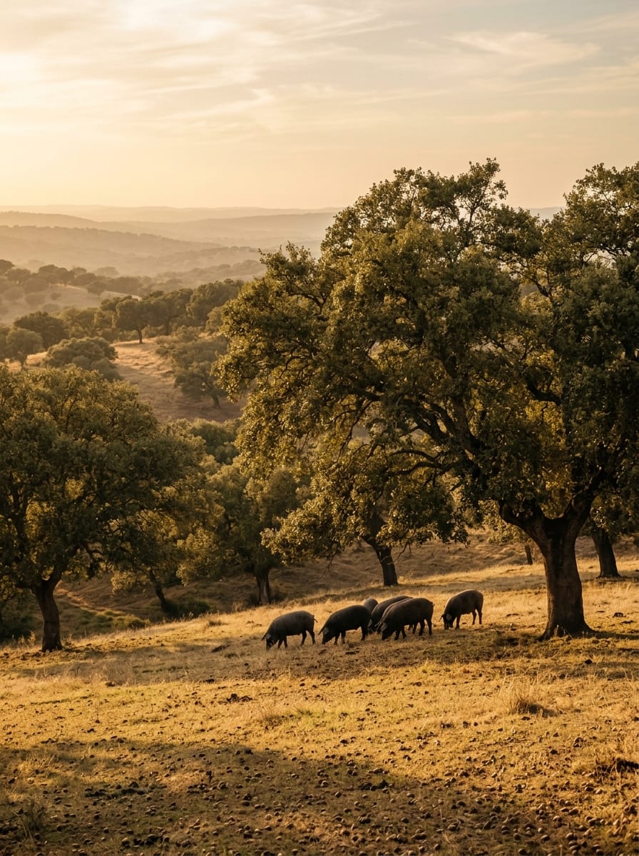 Cerdos ibéricos pastando bajo encinas en la dehesa al atardecer