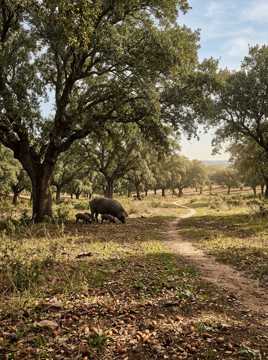 Cerda ibérica con sus crías junto a un camino entre encinas, con bellotas en el suelo